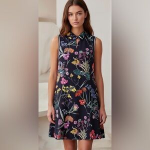 New Gracia Black Floral Print Stretch Sleeveless Polo Tennis Dress